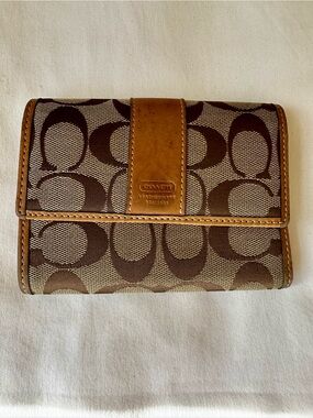 Coach Signature Canvas Trifold Wallet Khaki Brown Jacquard Leather Vintage Y2K